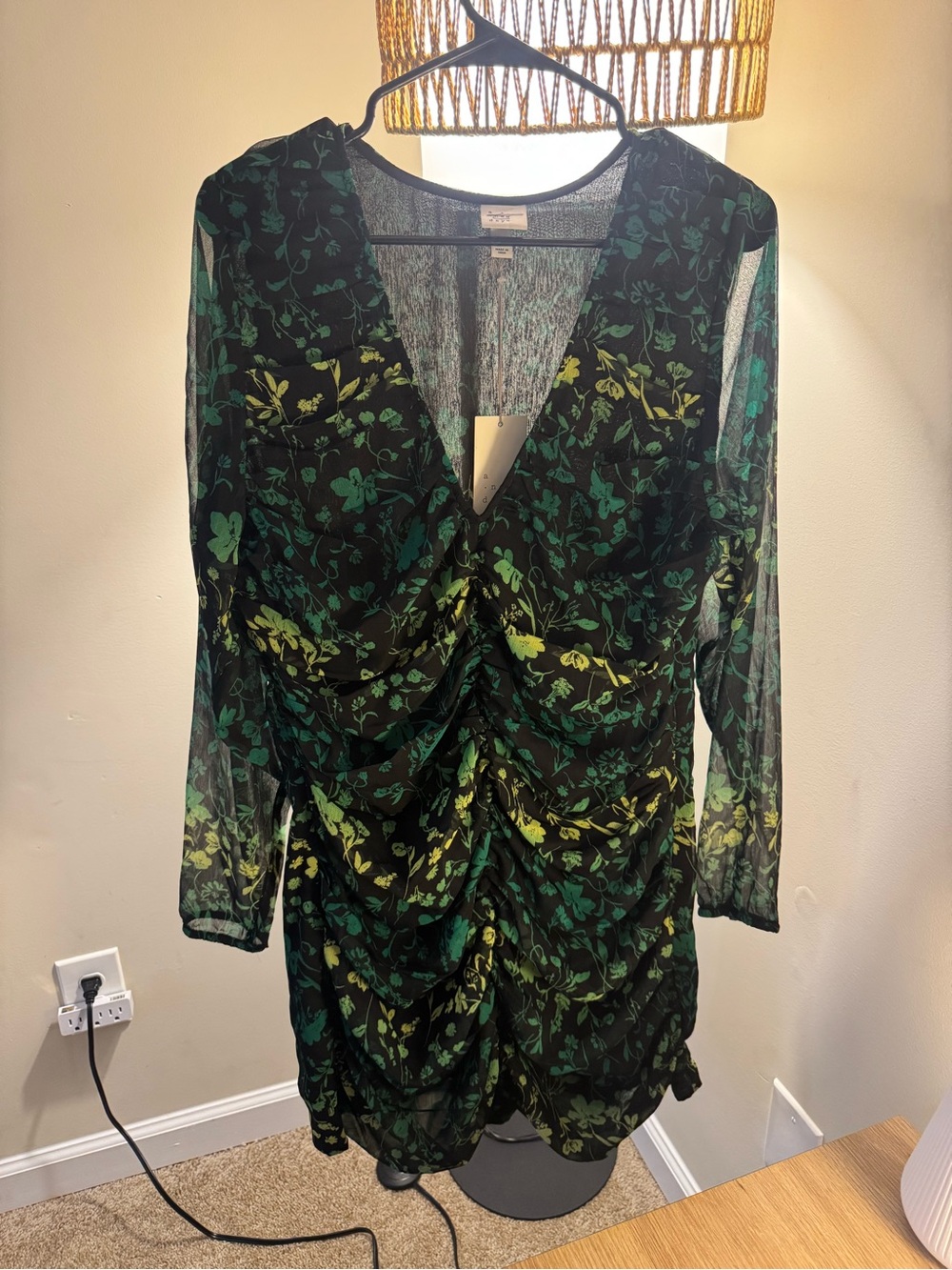 a new day Black Long-Sleeve Floral Ruched V-Neck Dress with Green Print